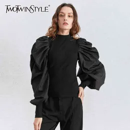 TWOTWINSTYLE Patchwork Knitting Women's Sweaters O Neck Puff Long Sleeve Tunic Ruched Female Sweater Clothing Fashion 210517