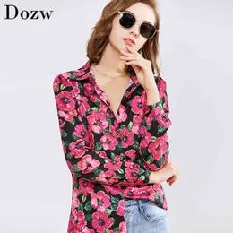 Camisas Mulheres Manga Longa Blusas Casuais Floral Cópia Camisa Gold Down Collar Elegnat Blusa Senhoras Escritório Tops Chemise Femme 210414