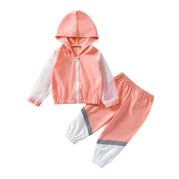 مجموعات الملابس socipnorm 2 قطع الرضع طفل الفتيات عارضة ملابس اللون المرقعة شبكة طويلة الأكمام هوديي سستة سترة + السراويل السراويل 1-6y
