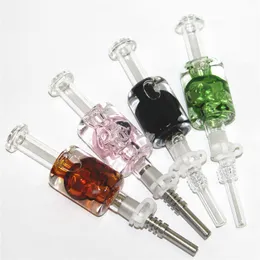 Totenkopf-Rauchpfeifen, Glas-Nektar-Bong-Kit mit Quarz-Edelstahl-Spitzen, 14-mm-Kühlöl, flüssiges Glycerin in Dab-Stroh-Ölplattformen