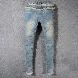 Moda Slim Fit Męska Prosta Patchwork Jeans Vintage Styl Mężczyźni Lato Myte Denim Fringe Biker Spodnie