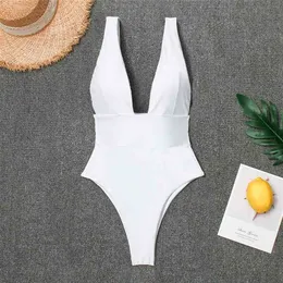 Deep V White Monokini Plunging Thong Bathing Suit Women Swimsuit Bodysuit Swim Wear Female Sex Swimwear 210630