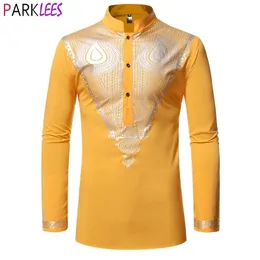 Męskie żółte Afryki Dashiki Luksusowe Metalowe Złoto Drukowane Koszule Marka Nehru Collar Mid Długie Afryka Tradycyjna Odzież 210522
