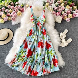 Zomer mode-startbaan bloemenprint vakantie jurk vrouwen mouwloze tank boho strand elegante partij geplooid vestido longo 210416