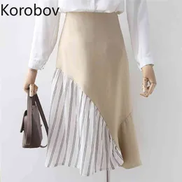 Korobov 히트 컬러 패치 워크 여성 스커트 여름 새로운 스트라이프 A 라인 스커트 불규칙 하이 웨이스트 Faldas Mujer 2A702 210430