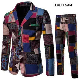 LUCLESAM Men Ethnic Style Stitching Printing Suits male slim fit Two buttons Two-piece Suit Jacket costume homme terno masculino X0909