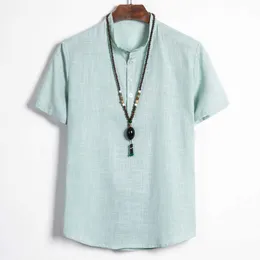 Camisa masculina Shirts Men's Baggy Cotton Linen Stand Collar Slim Fit Short Sleeve Henley Shirt Plus Size 5XL 210527