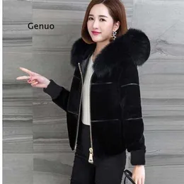 Women's Winter Sheep Sharing Overcoat Ladies High Waist Slim Faux Fur Jacket Female Fake Hooded Short Coat 211220