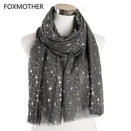 Foxmother 가을과 겨울 핑크 네이비 스타 인쇄 스카프 여성 호일 슬리버 Hijab 스카프 반짝이 갤럭시 숄 랩 숙녀 2019