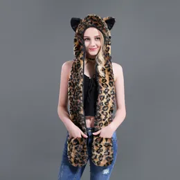 Fashion Hat Scarf Glove Integrerad Animal Imitation Fur Plush Cartoon Leopard Print 211207
