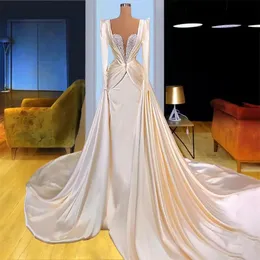 Arapça ASO Ebi Saten Mermaid Abiye Uzun Kollu Sevgiliye Dantelli Oranlar Boncuklu Mahkemesi Tren Balo Elbise Vestidos De Novia Custom Made