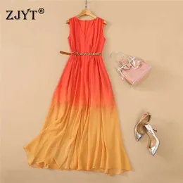 Fashion Summer Sundresses Sleeveless Gradient Color Runway Long Maxi Dresses for Women Front Split Celebrity Party Vestido 210601