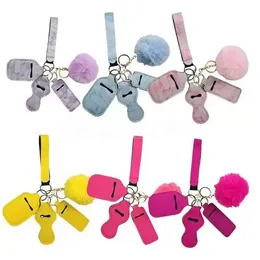 11 Colors 5pcs Defense Keychain Set Pompom party favor Hand Sanitizer Wrist strap Lipstick Keychains Silver Keyring For Woman Men Self-defense Keyrings