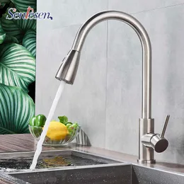 Senlesen Brushed Nickle Kitchen Faucet Pull Out Kitchen Tap Two Water Outlet Modes Single Handle Deck Mounted Water Mixer Taps 210724