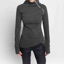 JOCOO Jolee Wiosna Jesień Casual Solid Bluzy Kobiety Z Długim Rękawem Turtleneck Zipper Bluzy Kobiet Nieregularne Topy 210928