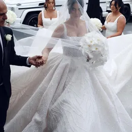 2021 A Line Bröllopsklänning Sequins Square Neck Beading Crystals Bridal Gowns Saudiarabiska Vestido de Novia