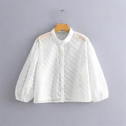 Sommar kvinnor västerländsk stil sexig mesh prickar rund hals singel-breasted tulle blouse skjorta kvinnlig topp 210520