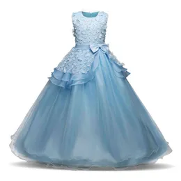 Girls Dresses Long Prom Gowns Princess Pageant Formal Dress Bow Sashes Tulle Clothing Kids Teen Girl Flower Fancy Dress 14 Years G1129