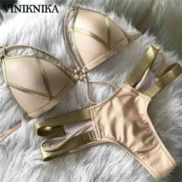 Viniknika Gold Stamping Bikini Set Sexy Permitido Mulheres Swimsuit Push Up Bandeau Swimwear Verão Beachwear Brasil Bathing Suit 210702