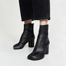 부츠 섹시한 일반 가죽 분할 발가락 Tabi 라운드 chunky 높은 뒤꿈치 발목 여성 zapatos mujer 패션 가을 신발 botas