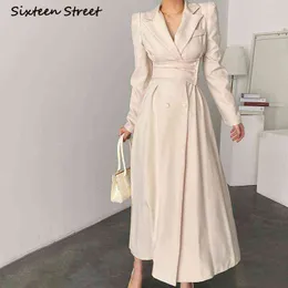 Wysokiej talii Sukienki Maxi Dla Kobiet Z Długim Rękawem Double Breasted Chic Koreański Moda Notched Vestido de Mujer Elegancki Vintage Y2K Y1204