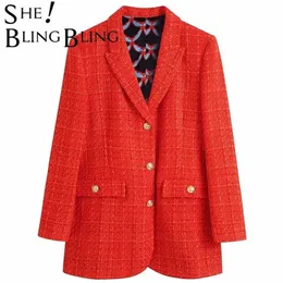 Shingbling Za Woman Casual Trafacks Höst Tweed Woolen Singel Bröst Tjock Lång Jacka Kontor Lady Red Plaid Blazer 211122