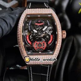 42mmヴァンガード革命3 V45 SC DT腕時計レッドスケルトンダイヤル自動メンズウォッチローズゴールドダイヤモンドケースブラックレザーラバーストラップHWFM hello_watch