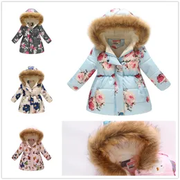 Gül Kış Kız Ceket Polar Çocuk Giysileri Bebek Kız Aşağı Ceket Kapşonlu Uzun Kıyafetler Çiçek Çocuklar Rüzgarlık Palto 4-11Y 210413