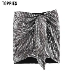 Kvinna Sequin Mini Skirts Front Ruched Knot High Waist Sexy Club Wear Kvinna Streetwear 210421