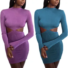 Casual Sukienki 2021 Kobiety Sexy Tie-Up Dress Dorośli Backless Solid Color Round Neck Długi Rękaw Wycinanka 2 Kolory