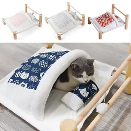 Cat Beds & Furniture Elevated Pet Bed Removable Sleeping Bag Hammock For Lounger Wooden Cats House Winter Warm Pets Small Dogs Sofa Mat