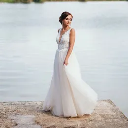 2021 A-Linie Strandhochzeitskleider Sommer Boho Brautkleid mit abnehmbarer Schleppe rückenfreie Applikationen Tüll Brautkleider Plus Size F2198