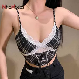 Vintage Plaid Corsetto Sexy Top Donna Strap Profondo Scollo A V Rappezzatura Del Merletto Backless Aderente Crop Top Summer Beach Abiti Da Festa 210517