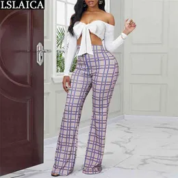 Elegant Plaid women pants autumn Casual female trousers streetwear high waist bell-bottoms mujer pantalones 210515