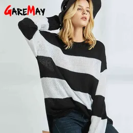 Maglione a righe bianco e nero girocollo manica lunga pullover lavorato a maglia s per donna autunno inverno 210428