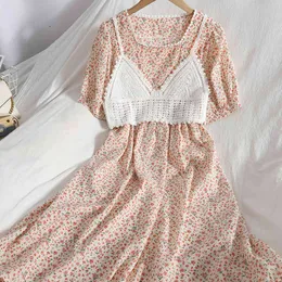 Chiffon vintage floral dress lace square neck midi with hollow V-neck knitted sling top two-piece female spring summer 210420