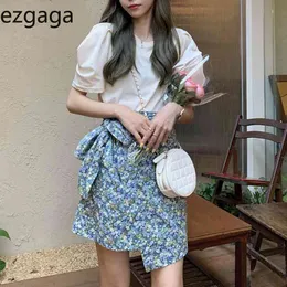 Ezgaga夏の新しい韓国のファッション2ピースセット女性のソリッドルーズTシャツ+レースアップハイウエストスカート花エレガントなスーツ210430