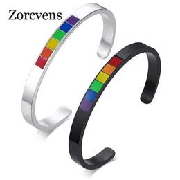 Zorcvens New Fashion Black Silver Color Stainless Steel Cuff Rainbow Bracelet for Women Men Lgbt Pride Bangle Wholesale Q0719