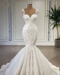 2022 Elegant Sheer Neck Mermaid Wedding Dresses For Bride Lace Beading Vestidos de Novia Civil Custom Made Bridal Clows Sweep Train 322