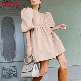 OOTN Zielony O Neck Casual Kobiety Sukienka Latarnia Krótki Rękaw Solid Pink Mini Ladies Elegancka Linia Summer Es Bawełna 210623