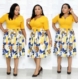 Office Lady Casual Printed Large Bow Dress Plus Size Mother Women's Africa V Neck Short Sleeve Mid-Calf Autumn Arrival 210416