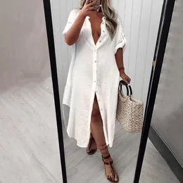 Women Fashion Casual Loose Fit Midi Dress Female Casual Button Design Shirt Dresses Solid Dip Hem See-Through T-Shirt Dress 210716