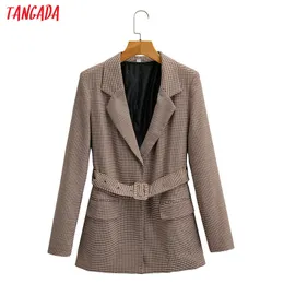 Mulheres xadrez blazer terno com cinto vintage colarinho entalhado manga comprida outono inverno feminino chique tops sy106 210416