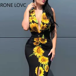 Kvinnor Deep V-Neck Punge Sunflower Print Slit Maxi Klänning Maxi Klänning Elegant Mode Chic Dress Y0706
