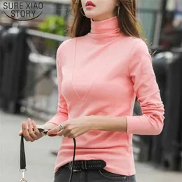 솔리드 풀 슬리브 핑크 탑스 여성 T 셔츠 Turtleneck Blusas Mujer de Moda 우아한 빈티지 6974 50 210506