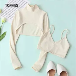 Beige Cropped Tops and Camisole Woman Two Piece Set Sexy Ribbed Knitted 210421