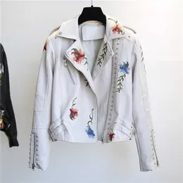 YIZZHOY Spring Autumn Floral Print Embroidery Faux Leather Jacket Women High Street Motorcycle Black Punk Outerwear Biker Jacket 211117