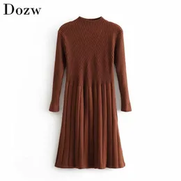 Kvinnor Casual Stickad Sweater Klänning Höst Vinter Långärmad Elegant Pläterad Klänning Solid Turtleneck Ladies Midi Dresses 210414