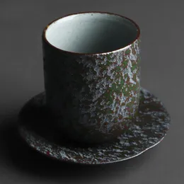 Retro Small Mouth Tea Cup Japanese Stoare Handmade grovt keramik Vintage Vatten och tefat 130 ml Ceremony Bowl Mugg Cups Saucers