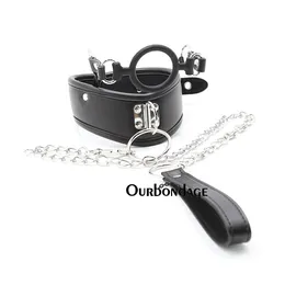 Ourbondage PU-Leder-Bdsm-Kragen-Sexsklaven-Halskette mit Silikonringknebel und Leine für Frauen-Fetisch-justierbares Sexspielzeug Y0406